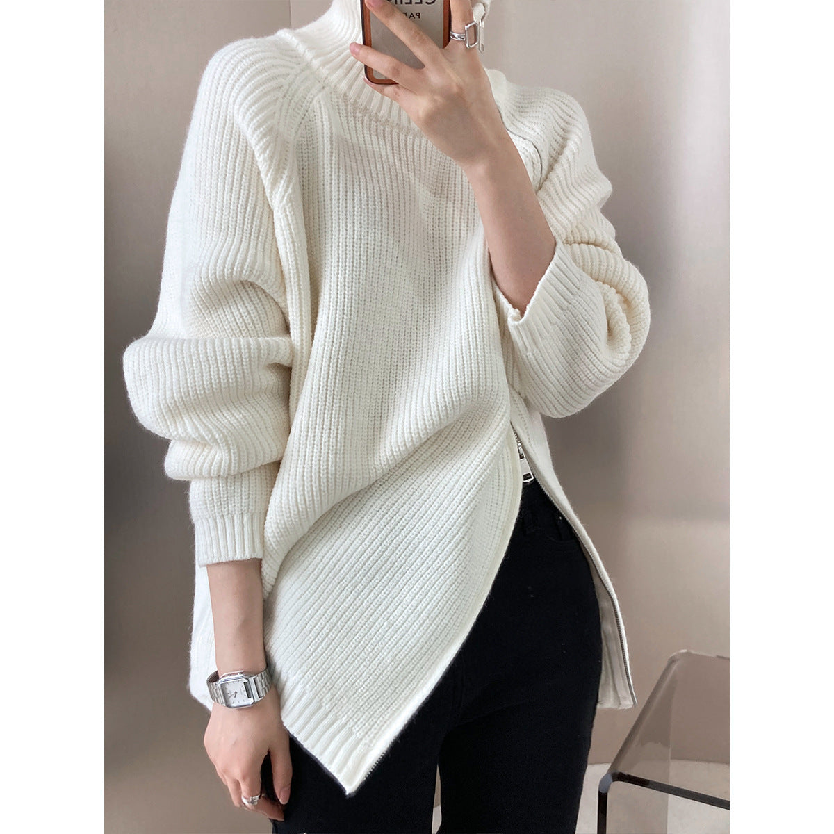 Women's Knit Sweater – Oversize Fit – High Collar – Side Zipper – Ribbed Texture – Raglan Sleeves