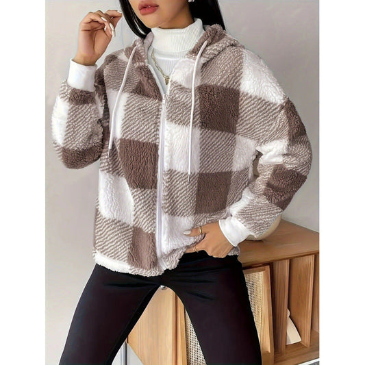 Women's cardigan jacket with hood – relaxed fit – fluffy texture – zipper – checkered pattern