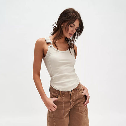 Women's Tank Top – Slim Fit Rib Knit – Removable Straps with Buckle – Round Neck
