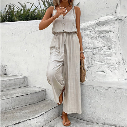Women's Jumpsuit – Relaxed Fit – Sleeveless – Button Closure – Wide Legs – Natural Fibers