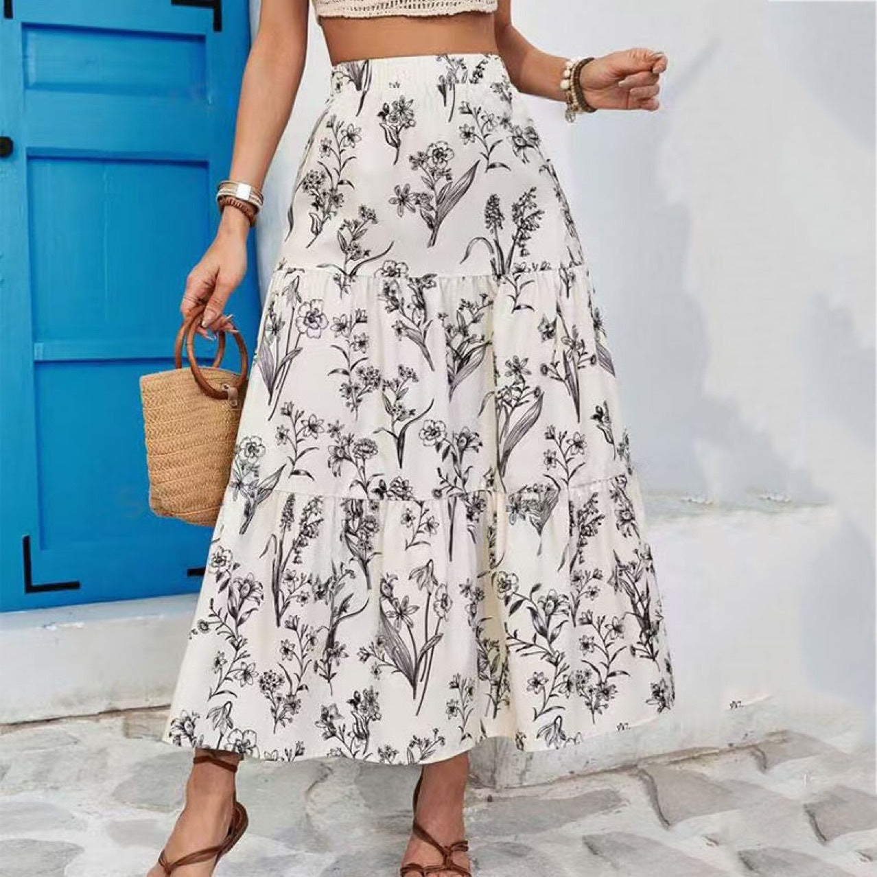 Women's Skirt – Midi Length – Elastic Waist – Floral Print – Light and Breathable