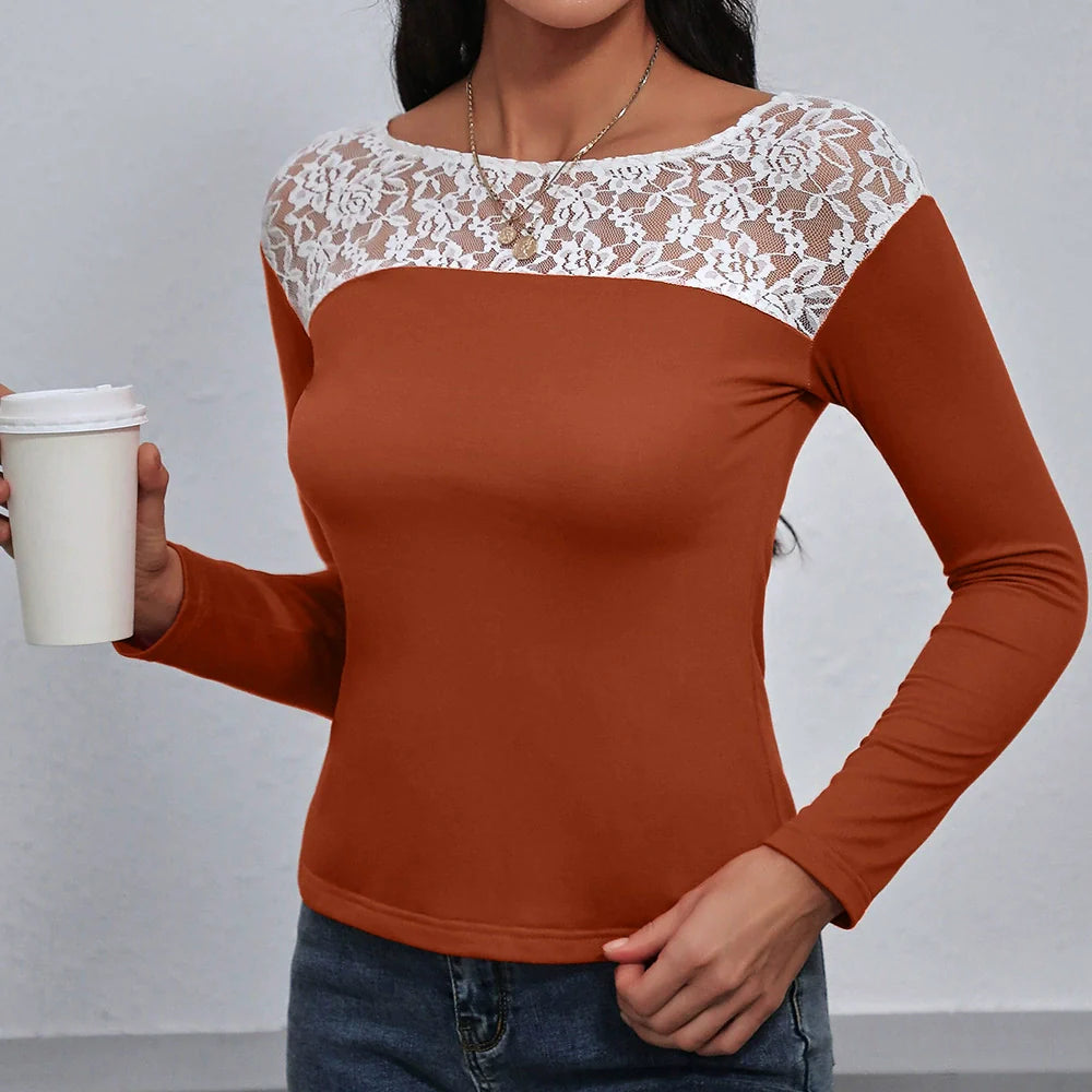 Women's Long Sleeve T-shirt – Slim Fit – Lace at Neck – Round Neckline