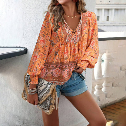 Damebluse – Let Rayon – Afslappet Pasform – Bindebånd – Lange Ærmer Boho Print