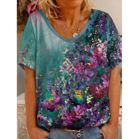 Women's T-shirt – Relaxed Fit – Artistic Floral Pattern – Soft Breathable Quality
