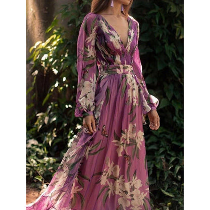 Women's Maxi Dress – Chiffon – V-Neck – Floral – Long Sleeves – Elegant Fit