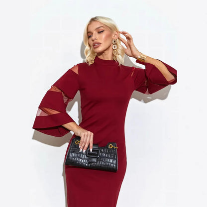 Dress for Women – Slim Fit – Midi Length – Ruffle Sleeves – Side Slit – Round Neck