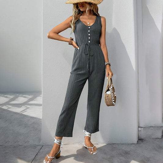 Women's Jumpsuit – Textured Fabric – Sleeveless V-neck – Belt at Waist – Button Details