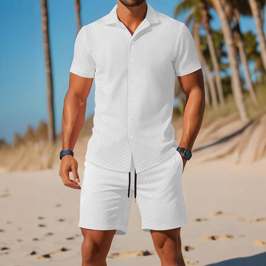 Men's Set with Shirt and Shorts – Slim Fit – Embossed Texture – Breathable Design