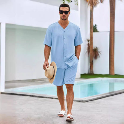 Men's Set – V-Neck Shirt with Buttons and Shorts – Relaxed Fit in Cotton