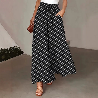 Women's Trousers with Wide Legs – Breathable Fit – Polka Dot Pattern – Drawstring Waist – Casual Style