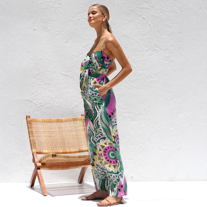 Women's Jumpsuit – Wide Legs – Spaghetti Straps – Front Bow Cutout – Breathable Comfort