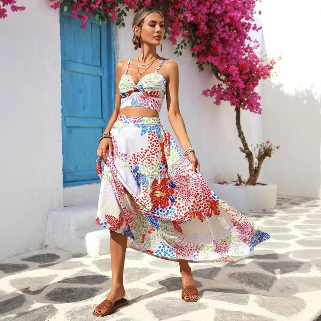 Women's Set – Crop Top with Spaghetti Straps – A-line Maxi Skirt – Breathable Cotton