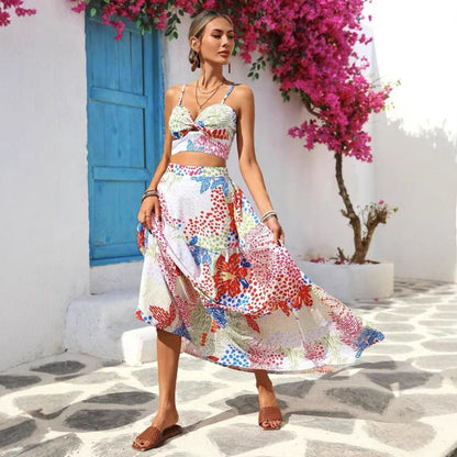 Women's Set – Crop Top with Spaghetti Straps – A-line Maxi Skirt – Breathable Cotton