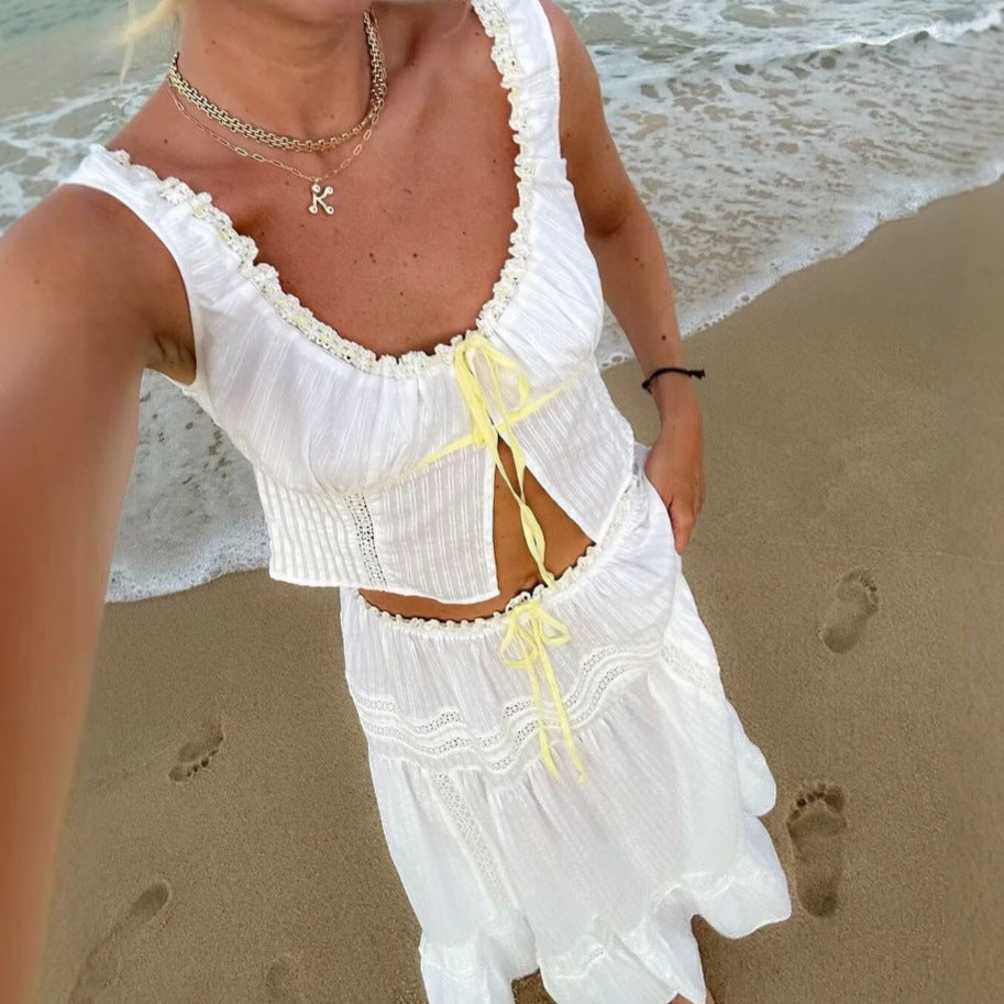 Women's Set – Tailored Lace Top and High Waist Midi Skirt in Breathable Blend