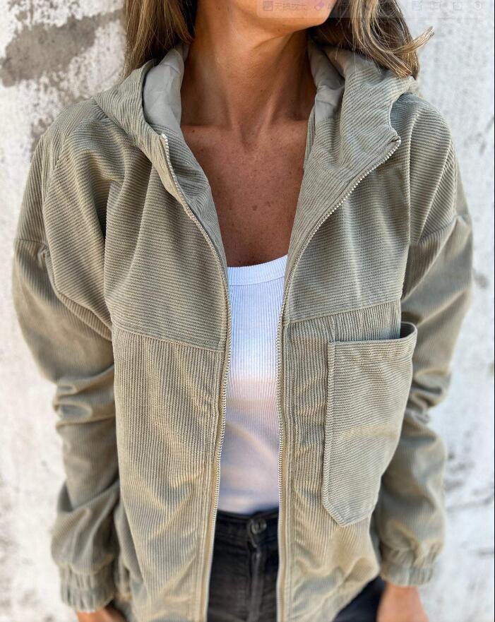 Women’s Corduroy Hooded Zip-Up Jacket – Casual Loose Fit