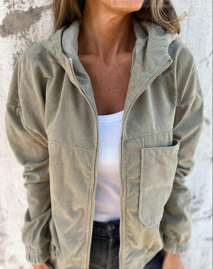 Women’s Corduroy Hooded Zip-Up Jacket – Casual Loose Fit