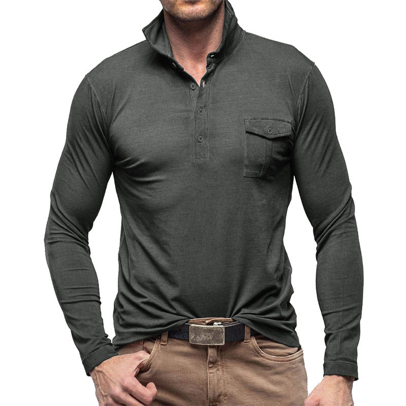 Men's Henley Polo with Long Sleeves – Regular Fit – Breathable Cotton – Chest Pocket