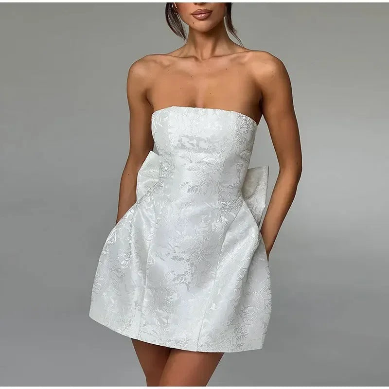 Women's Mini Dress – Jacquard Texture – Strapless Sweetheart Neckline – Bow Detail at the Back