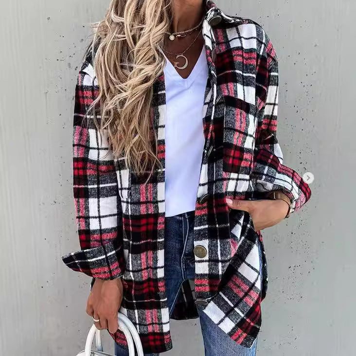 Women's Jacket – Oversized Fit – Wool Look – Checkered Pattern – Mid-Length with Button Closure