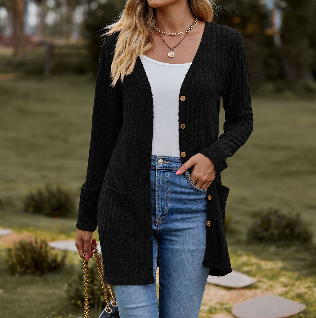 Women's Cardigan – Relaxed Fit – Button Closure – Rib Knit with Pockets