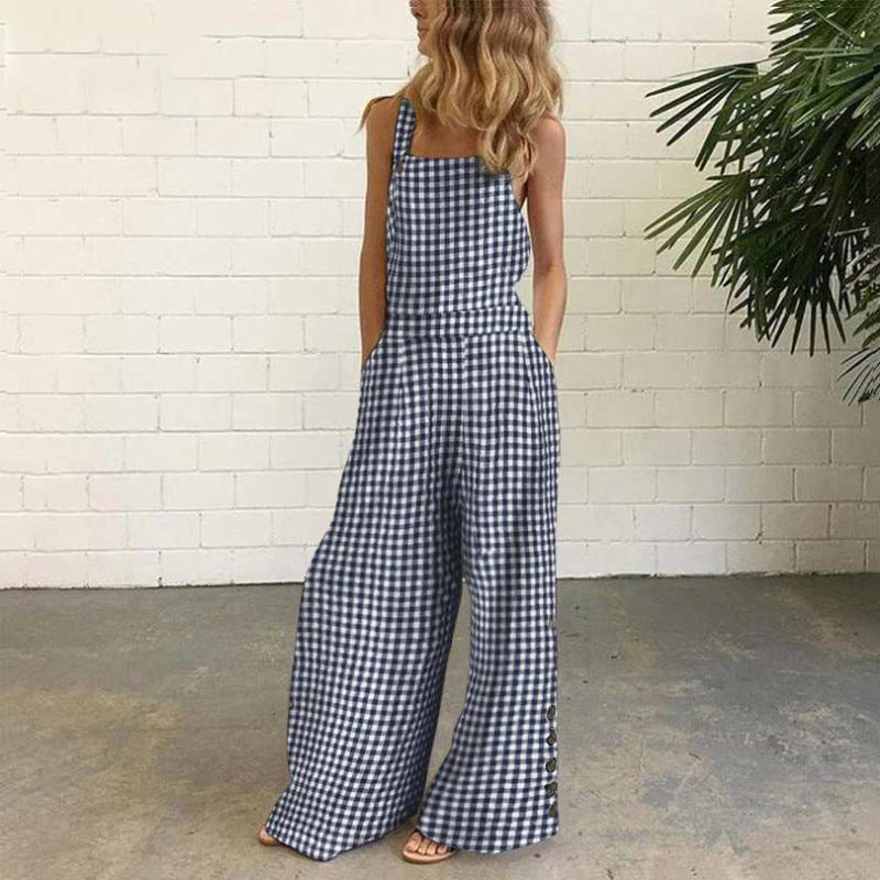 Women’s Gingham Jumpsuit - Wide Leg Overalls - Casual Sleeveless Outfit