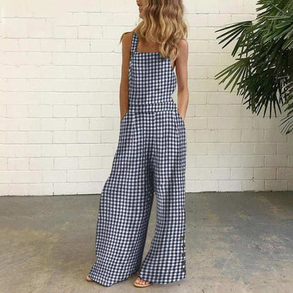Women’s Gingham Jumpsuit - Wide Leg Overalls - Casual Sleeveless Outfit