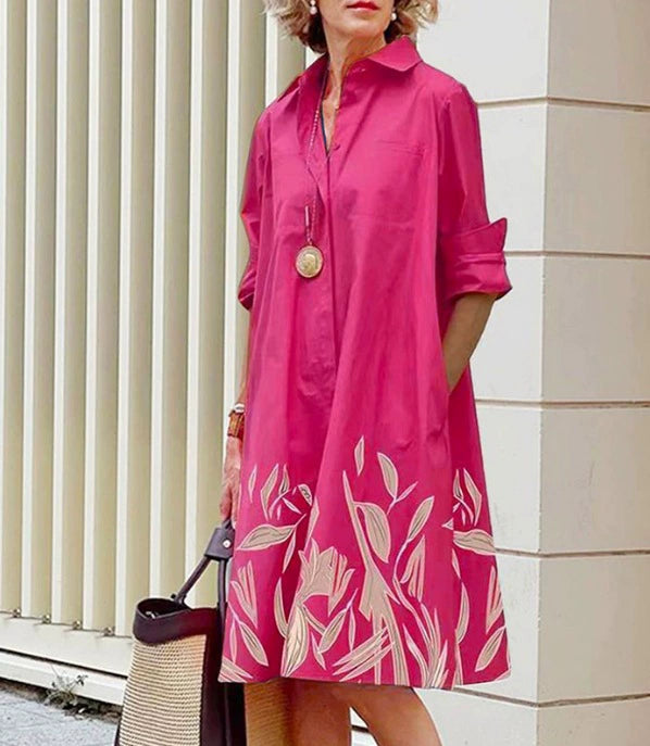 Women’s Shirt Dress – Artistic Floral Print – Relaxed Fit – Button Front – Pocket Detail