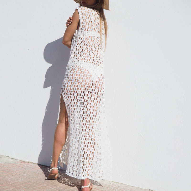 Women's Maxi Dress – Crochet Knit – Sleeveless – Relaxed Fit – Side Slit