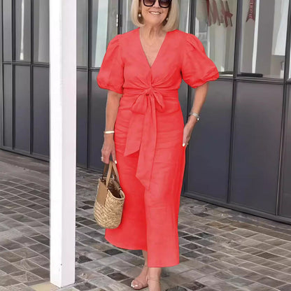 Dress for Women – Midi – Relaxed Fit – V-Neck – Waist Tie – Puff Sleeves – Natural Fibers