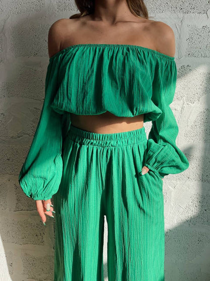 Dame Sæt – Off-Shoulder Crop Top med Lange Ærmer – Højtaljede Vide Bukser