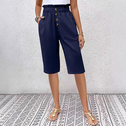 Women's Shorts – Relaxed Fit – High Waist Paperbag – Natural Fibers – Knee Length