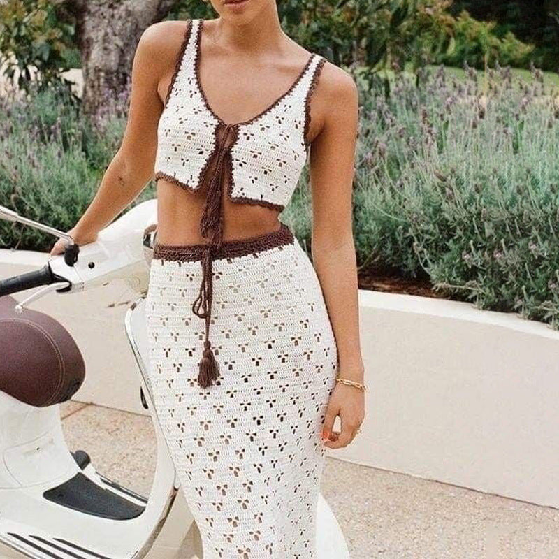 Women's Skirt Set – Slim Fit – Crocheted Design – V-Neck Crop Top with Front Tie