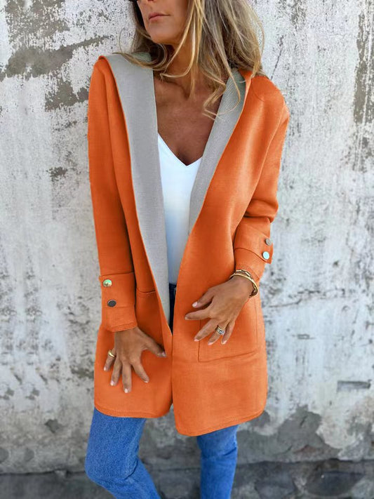 Women's Hooded Cardigan – Soft Knit – Relaxed Fit – Contrast Trim – Button Cuffs