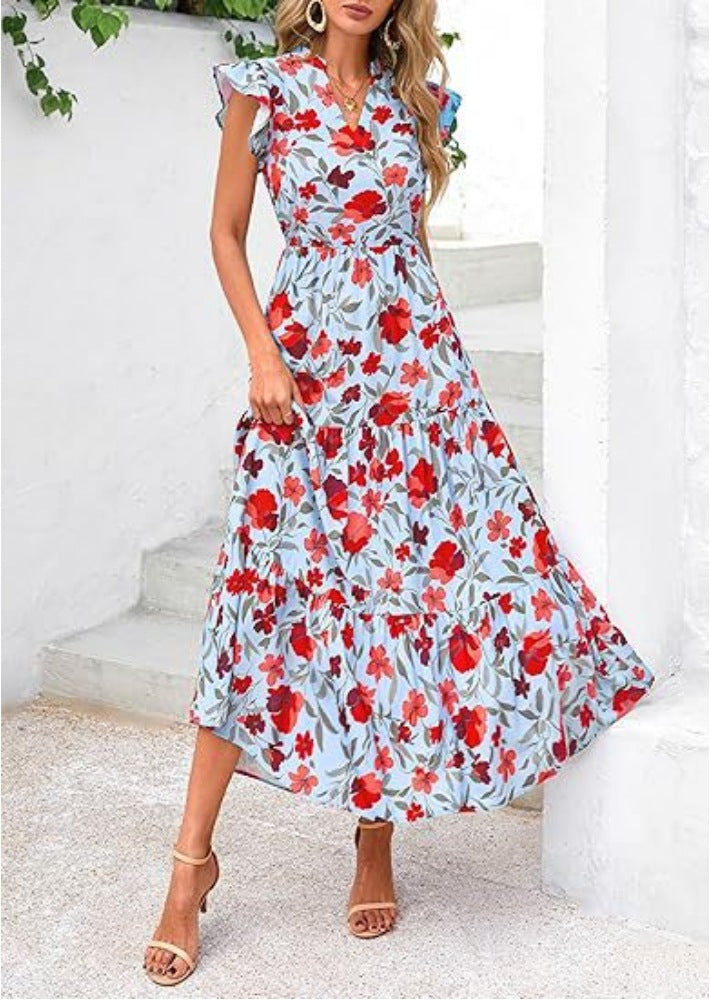 Dress for Women – Mid-length – V-neck – Relaxed Fit – Floral Print