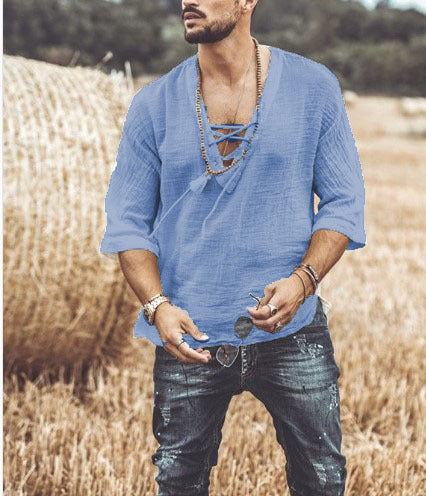Men's Shirt – Relaxed Fit – Soft Breathable Fabric – 3/4 Sleeves – Laced V-neck