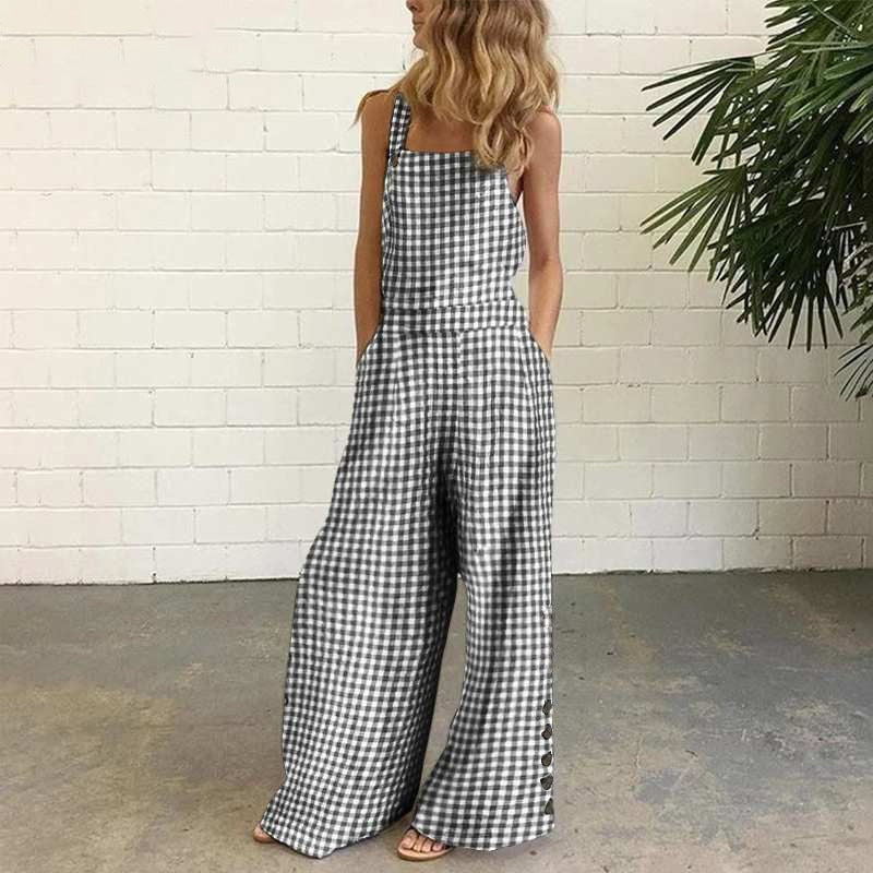 Women’s Gingham Jumpsuit - Wide Leg Overalls - Casual Sleeveless Outfit