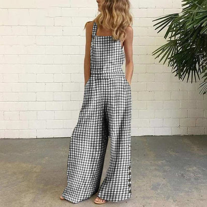 Women’s Gingham Jumpsuit - Wide Leg Overalls - Casual Sleeveless Outfit
