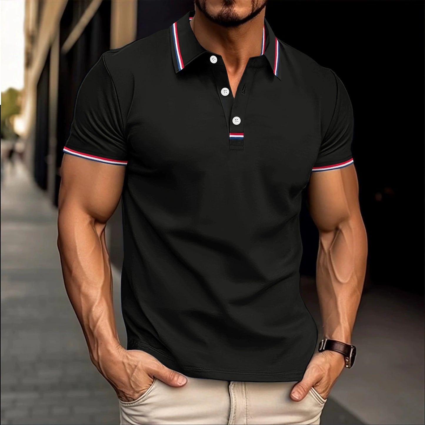Men's Polo - Classic Design - Button Closure - Contrast Rib Collar - Embroidered Logo