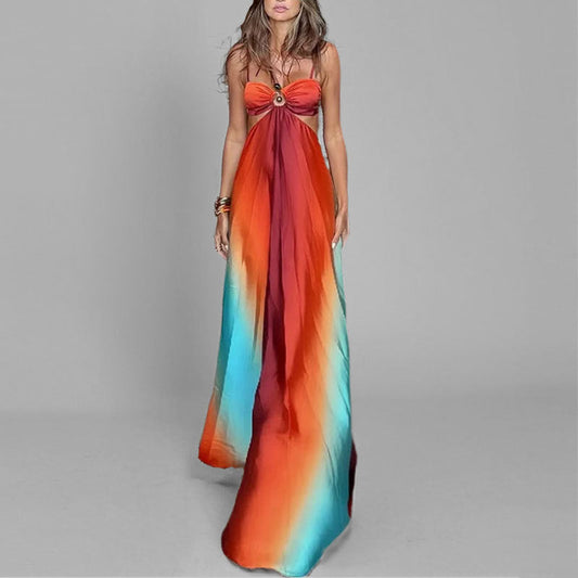 Women's Maxi Dress – Lightweight Fabric – Flowy Fit – Spaghetti Straps – Gradient Design