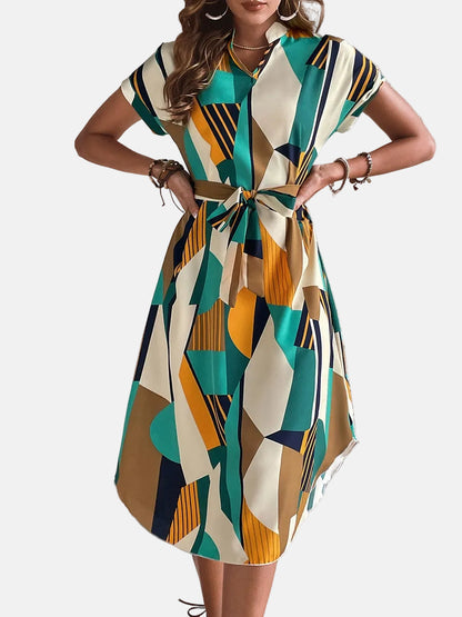 Women’s Midi Dress – V-Neck – Short Sleeves – Geometric Print with Waist Tie
