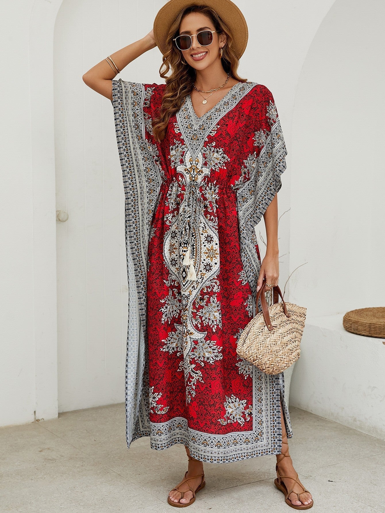 Dress for Women – Maxi Dress with Loose Fit – V-Neck – Short Wide Sleeves – Elegant Pattern Design