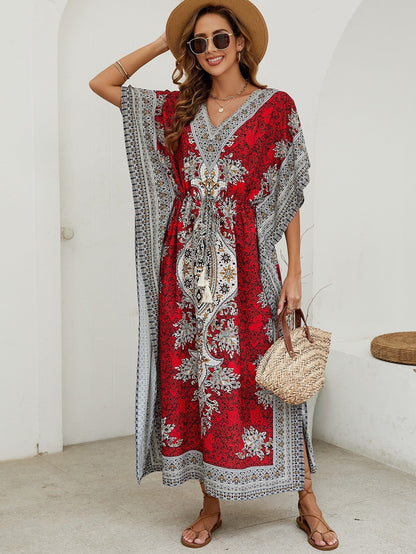 Dress for Women – Maxi Dress with Loose Fit – V-Neck – Short Wide Sleeves – Elegant Pattern Design