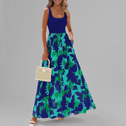Women's Maxi Dress – Sleeveless Scoop Neck – High Waist – Light A-Line with Printed Skirt