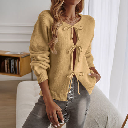 Dame Cardigan – Uldstrik – Afslappet Pasform – Bindeslukning – Ribkanter