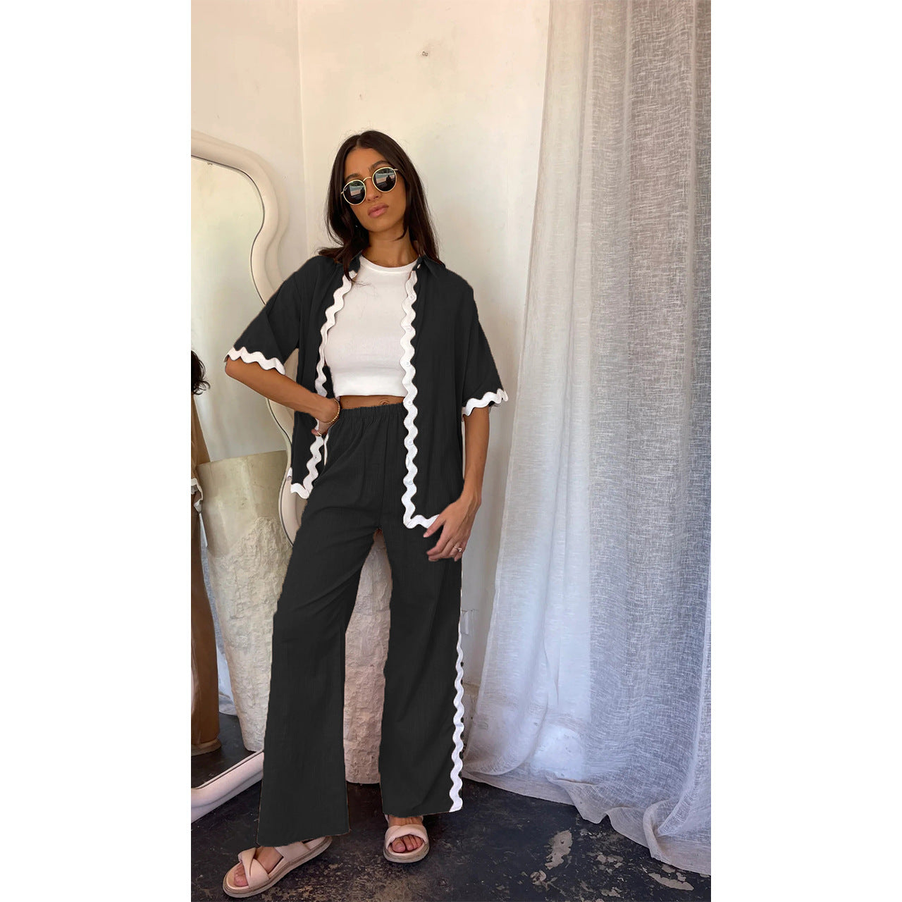 Women's Shirt Jacket – Loose Fit – Light Cotton – Wavy Edge – Casual Layering