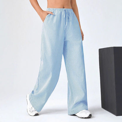 Women's Pants – Straight Leg – Relaxed Fit – Drawstring Waist – Striped – Breathable Mix