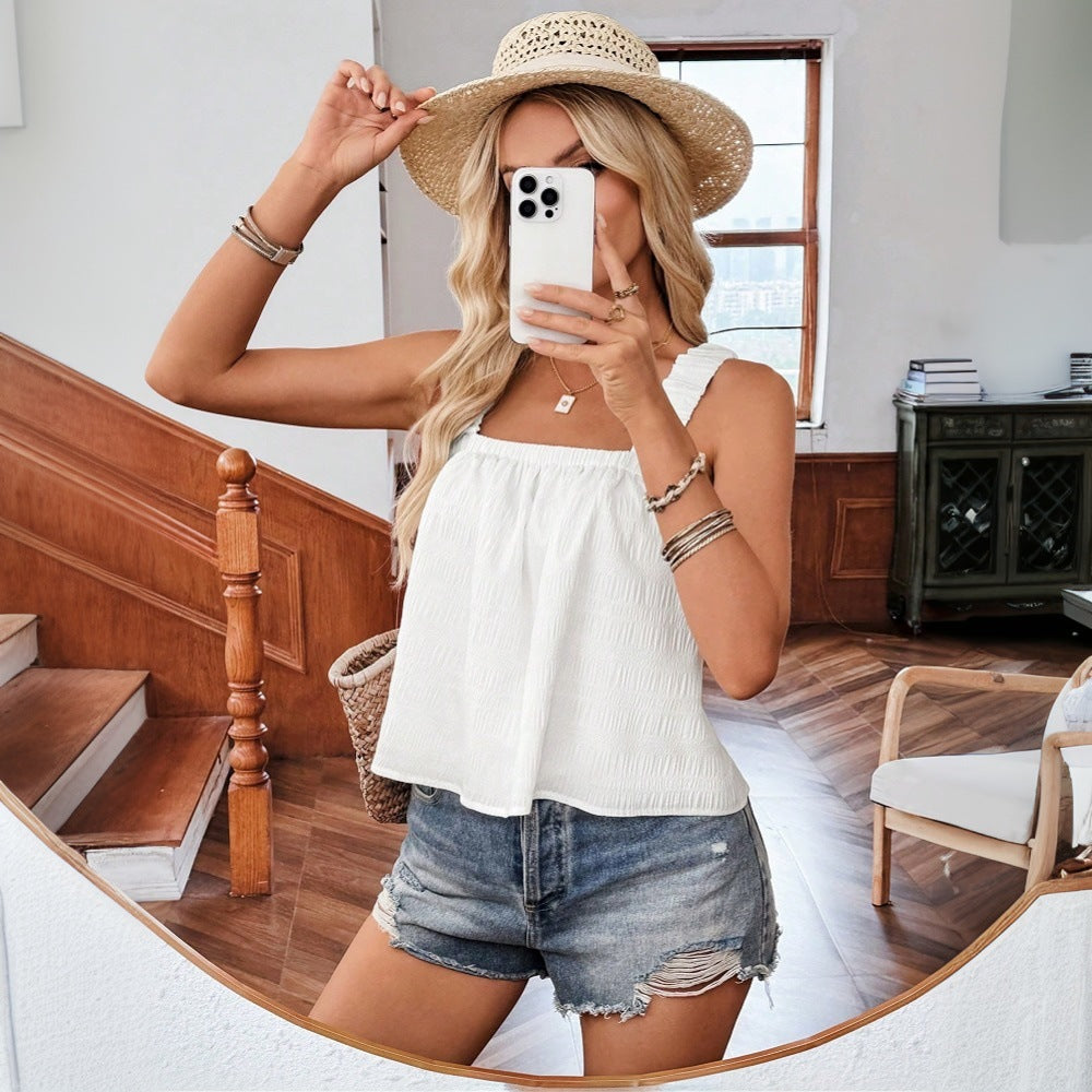 Women's Camisole Top – Casual Cropped Fit – Ribbed Texture – Wide Straps