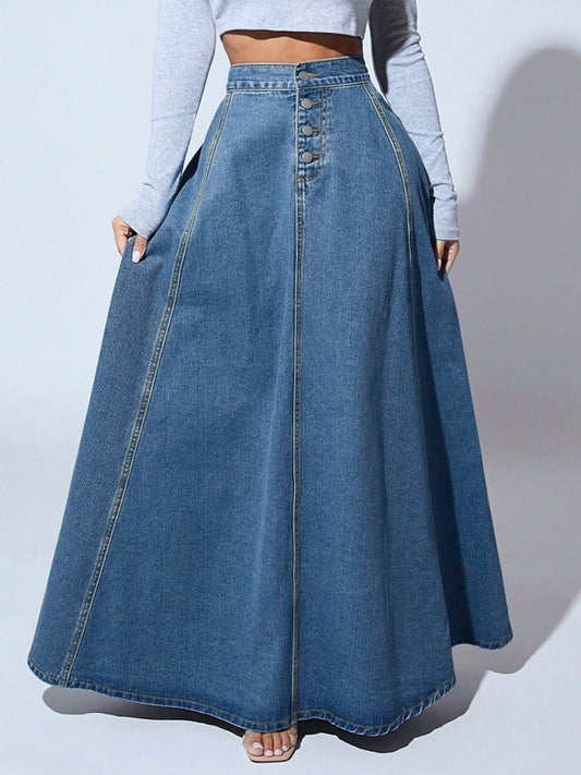 Women’s Denim Skirt – Ankle-Length A-Line – High Waist – Button Front – Structured Silhouette