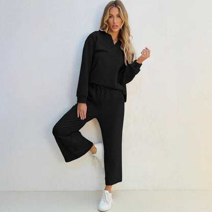 Dame Loungewear Sæt – Strik To-delt – Afslappet Pasform – Snøre i Taljen – Fuld Længde