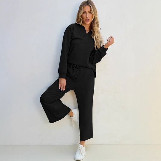 Women's Loungewear Set – Knit Two-piece – Relaxed Fit – Drawstring Waist – Full Length